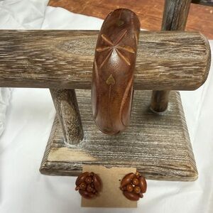 Handcrafted Brown Wooden Bracelet and vintage Earrings